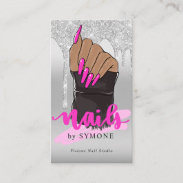 Tarjeta De Visita Nail Tech Nail Salon Silver Purpurina Drin