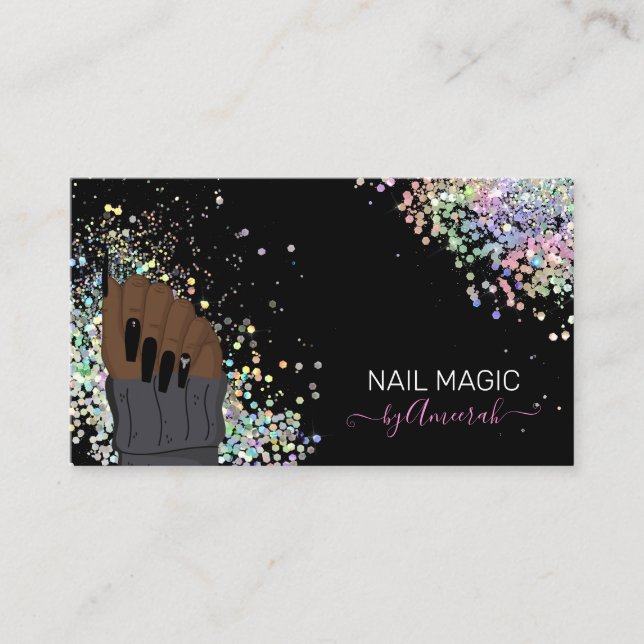 Tarjeta De Visita Nail Tech Nail Shop Holographic Purpurina (Anverso)
