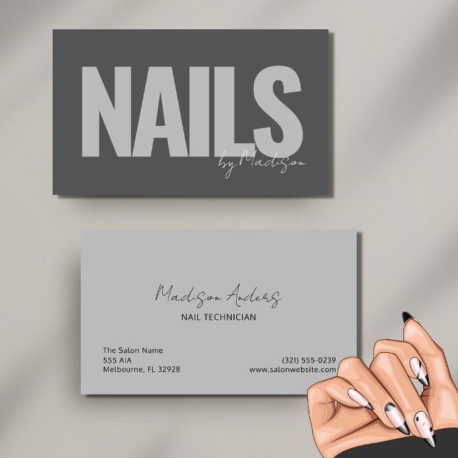 Tarjeta De Visita Nail Tech Profesional Salon Gray Typography (Nail Tech Professional Salon Gray Typography Business Card)