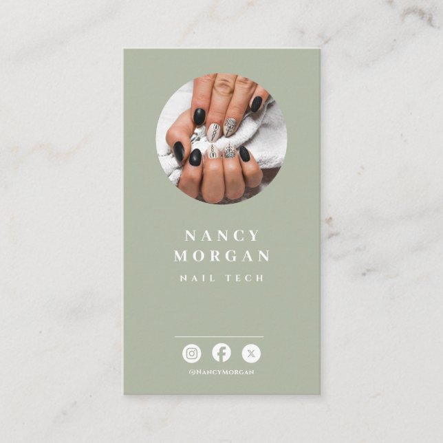 Tarjeta De Visita Nail Tech Qr Code Photo Sage Green  (Anverso)