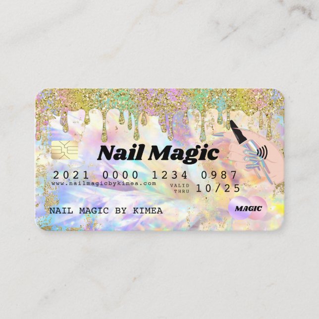 Tarjeta De Visita Nail Tech Rainbow Holographic Purpurina Drin Credi (Anverso)