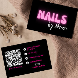Tarjeta De Visita Nail Tech Retro Rosa Neon QR Code de moda
