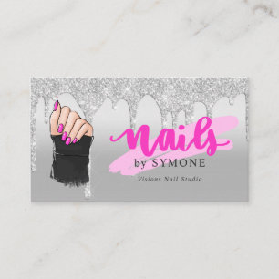 Tarjeta De Visita Nail Tech Salon Purpurina de goteo rosado y platea