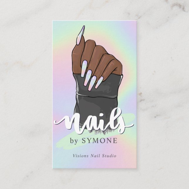 Tarjeta De Visita Nail Technician Beauty Salon Pastel Holographic Bu (Anverso)