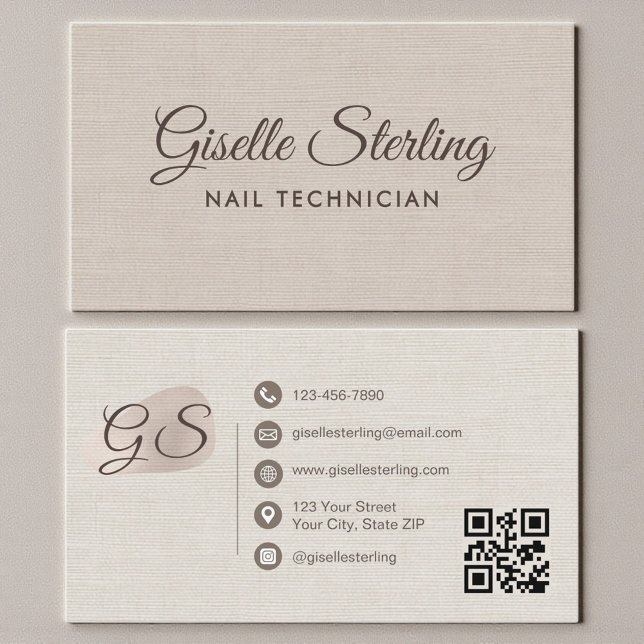 Tarjeta De Visita Nail Technician Beige Linen Modern Elegant QR Code (Subido por el creador)