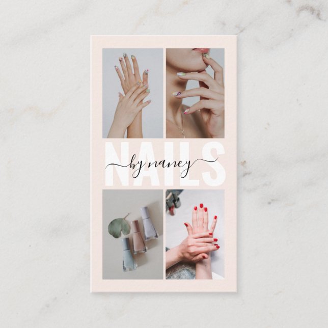 Tarjeta De Visita Nail Technician Blush Pink Photo Collage Qr Code  (Anverso)