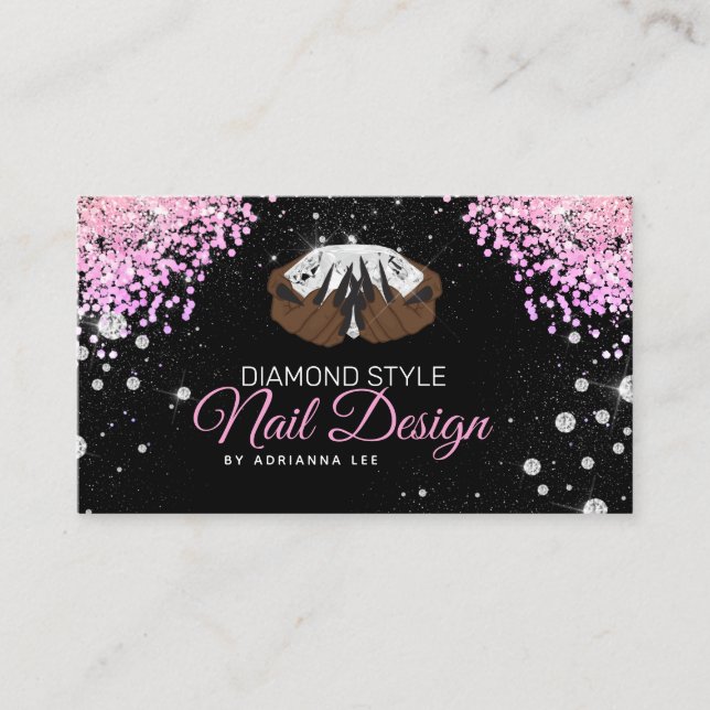 Tarjeta De Visita Nail Technician Diamond Purpurina Pink & Black Sal (Anverso)