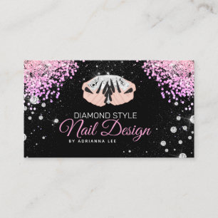 Tarjeta De Visita Nail Technician Diamond Purpurina Pink & Black Sal
