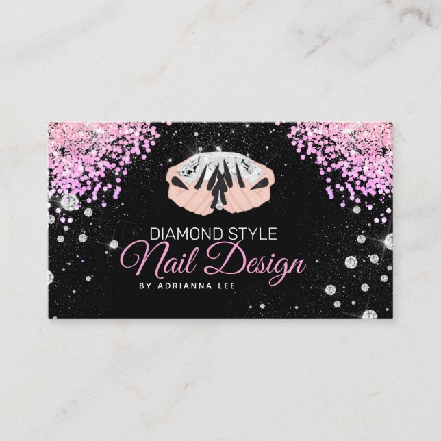 Tarjeta De Visita Nail Technician Diamond Purpurina Pink & Black Sal (Anverso)