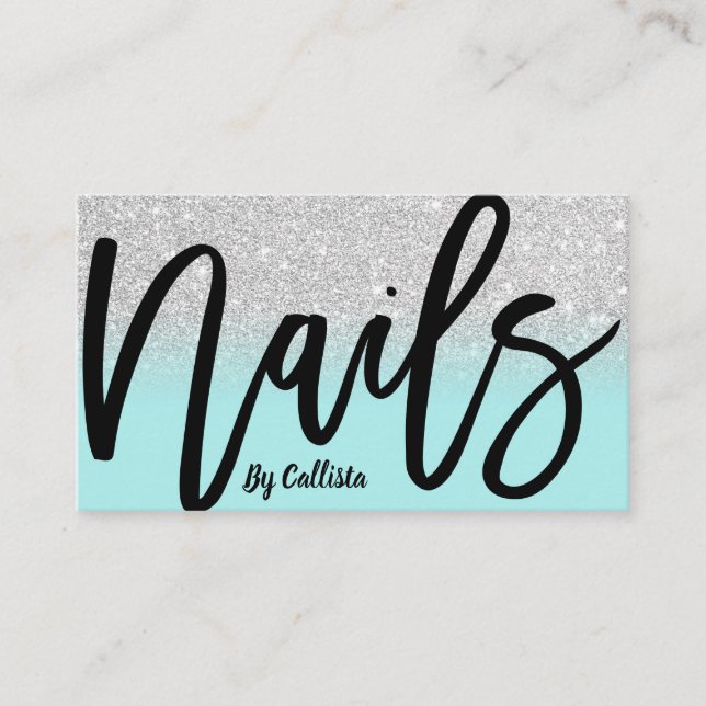 Tarjeta De Visita Nail Technician Mint Silver Purpurina Typography (Anverso)
