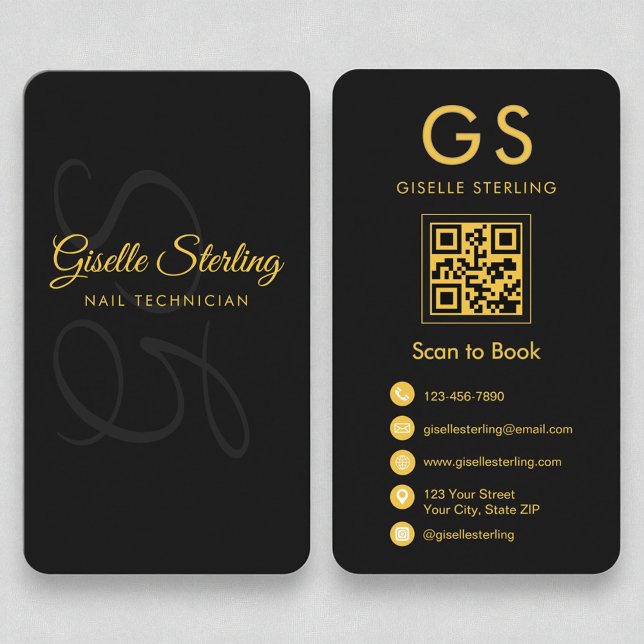 Tarjeta De Visita Nail Technician Monograma Black Gold QR Código Bel (Subido por el creador)