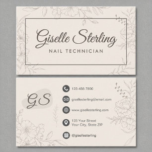 Tarjeta De Visita Nail Technician Neutral Ivory Floral Elegent