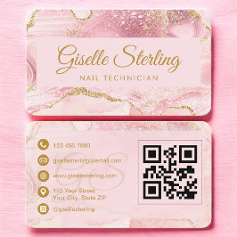Tarjeta De Visita Nail Technician Pink Gold Agate QR Code