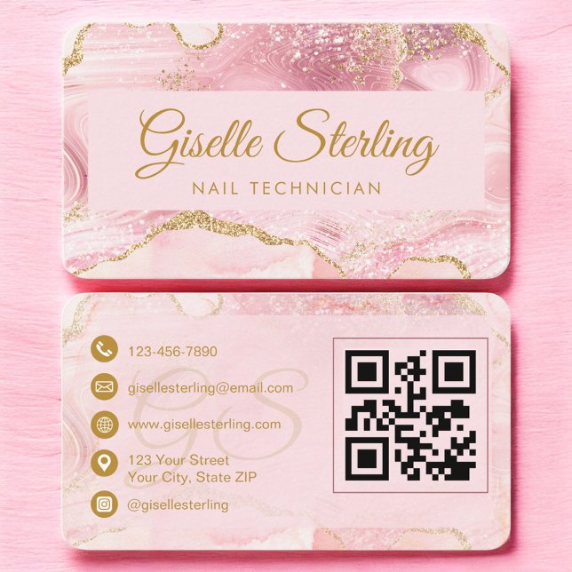 Tarjeta De Visita Nail Technician Pink Gold Agate QR Code (Subido por el creador)