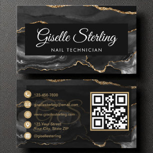 Tarjeta De Visita Nail Technician QR Code Black Gold Agate Luxury