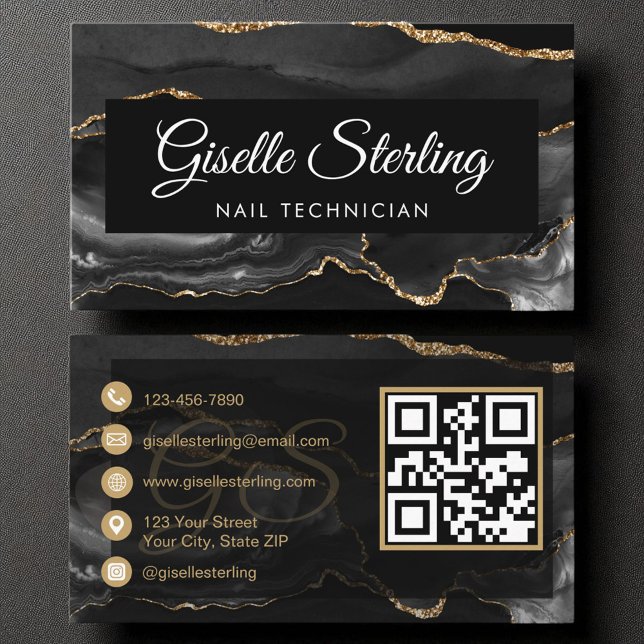 Tarjeta De Visita Nail Technician QR Code Black Gold Agate Luxury (Subido por el creador)