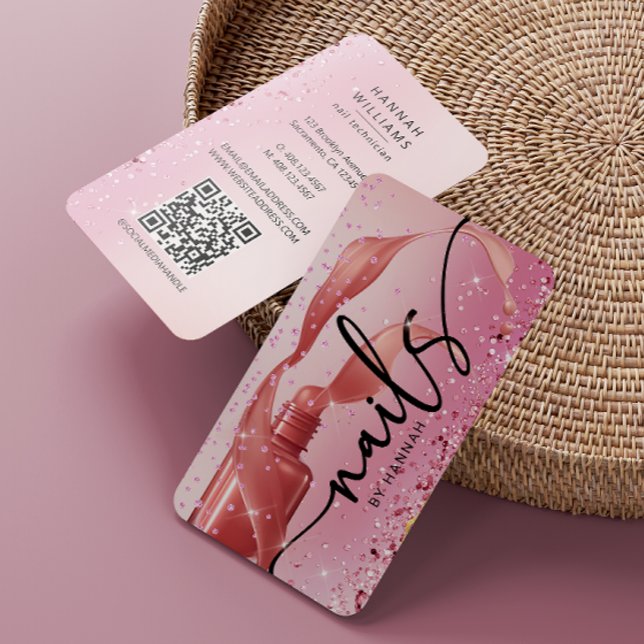 Tarjeta De Visita Nail Technician Rosa Gold & Pink QR Code (Subido por el creador)