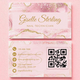 Tarjeta De Visita Nail Technician Rubor Pink Gold Agate QR Code