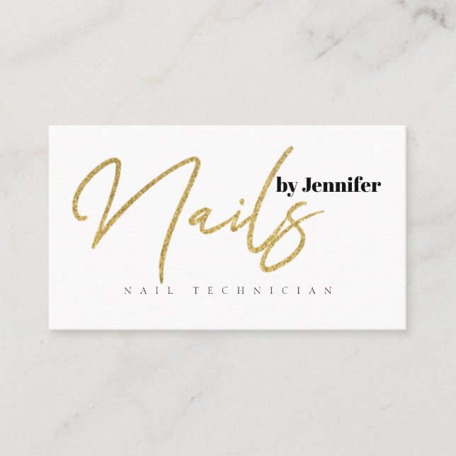 Tarjeta De Visita Nail Technician Salon Gold Purpurina Script Elegan (Anverso)