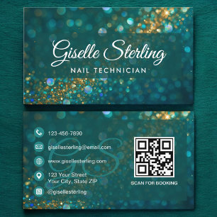 Tarjeta De Visita Nail Technician Verde azulado Gold Purpurina QR Co