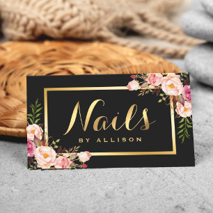 Tarjeta De Visita Nail Technion Salon Black Gold Floral Script