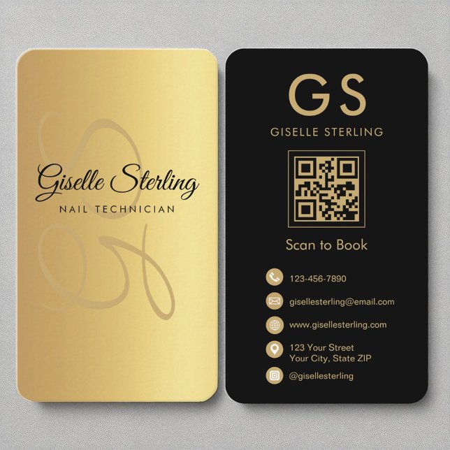 Tarjeta De Visita Nail Technister Monograma Gold Black QR Code (Subido por el creador)