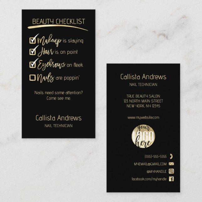 Tarjeta De Visita Nails Gold Black Beauty Checklist Business Logo (Anverso / Reverso)