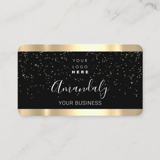 Tarjeta De Visita Nails Makeup Elegante Gold Confetti Negro Logo (Anverso)