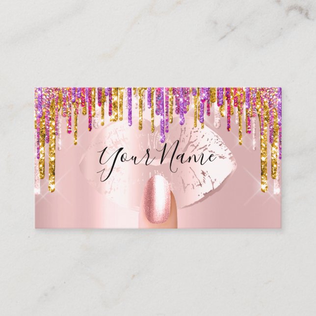 Tarjeta De Visita Nails Manicure Makeup Artist Rosa Drips Letras de  (Anverso)