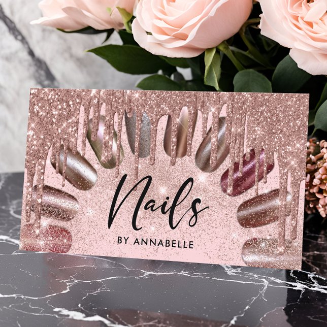 Tarjeta De Visita Nails Modern Rosa Gold Purpurinas Drips (Subido por el creador)