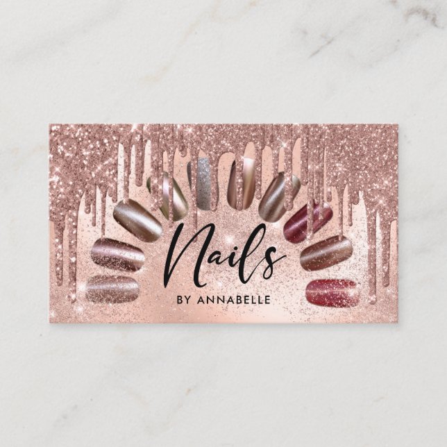Tarjeta De Visita Nails Modern Rosa Gold Purpurinas Drips (Anverso)