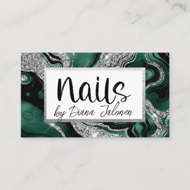 Tarjeta De Visita Nails Nombrado Recordatorio de Mármol Verde Platea (Anverso)