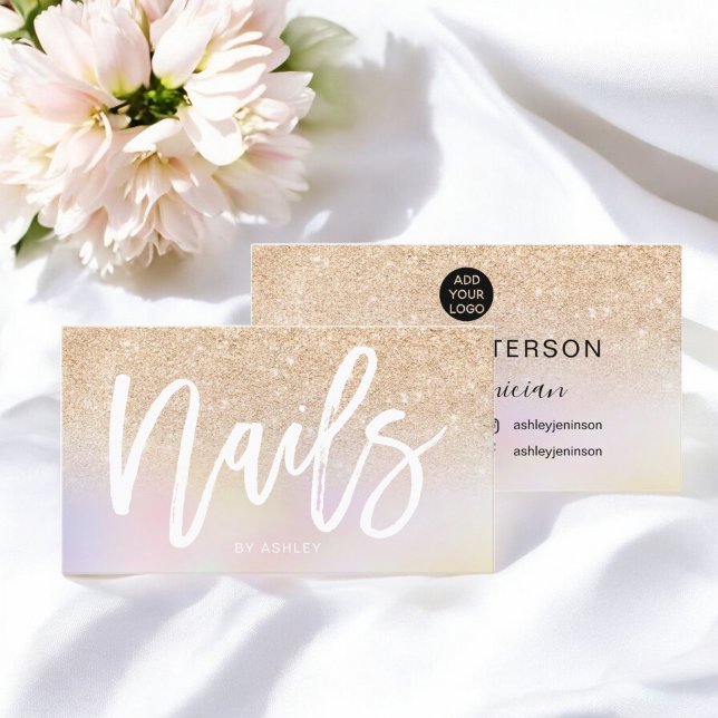 Tarjeta De Visita Nails purpurina de oro moda holográfica (Nails script gold glitter chic holographic business card)