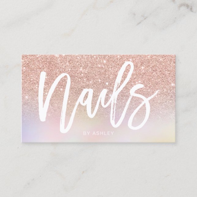 Tarjeta De Visita Nails rosa purpurina oro moda holográfica (Anverso)