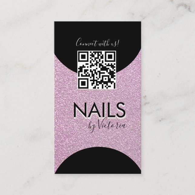 Tarjeta De Visita Nails Salon Beauty Artist QR Code Faux Purpurina (Anverso)