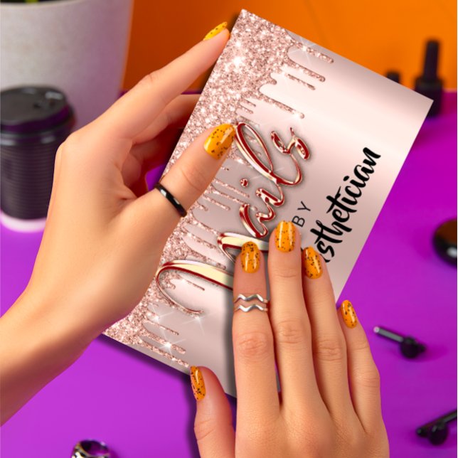 Tarjeta De Visita Nails Studio Artist Drist Purpurina Rosa Atención  (Nails Studio Artist Drips Glitter Rose Nail Care Business Card)