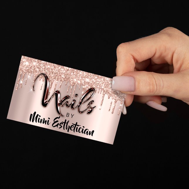 Tarjeta De Visita Nails Studio Artist Drist Purpurina Rosa Rubor (Nails Studio Artist Drips Glitter Rose Blush Business Card)