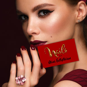 Tarjeta De Visita Nails Studio Artist Red Nails Script Red Gold Logo