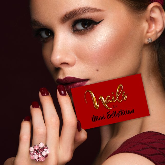 Tarjeta De Visita Nails Studio Artist Red Nails Script Red Gold Logo (Nails Studio Artist Red Nails Script Red Gold Logo Business Card)