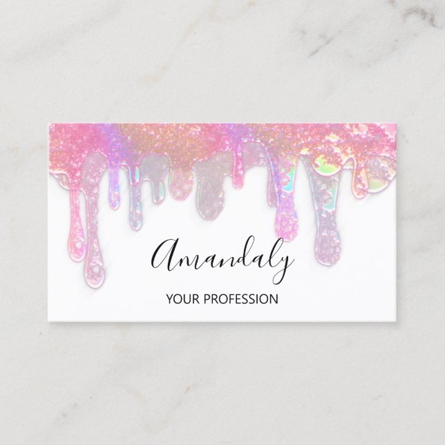 Tarjeta De Visita Nails Studio Beauty Logo Drips Holograph White (Anverso)