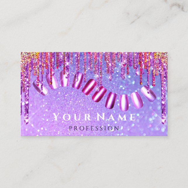 Tarjeta De Visita Nails Stylist Manicure Pink Drips Purpurina Hologr (Anverso)