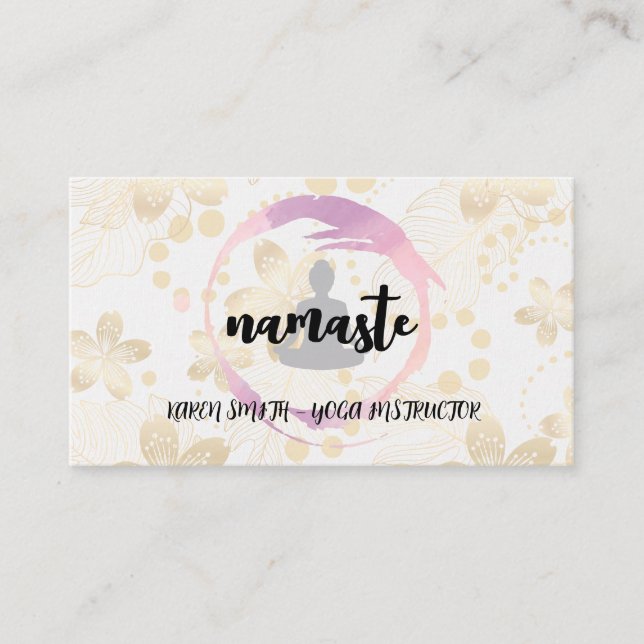 Tarjeta De Visita Namaste Yoga | Fondo floral de oro (Anverso)