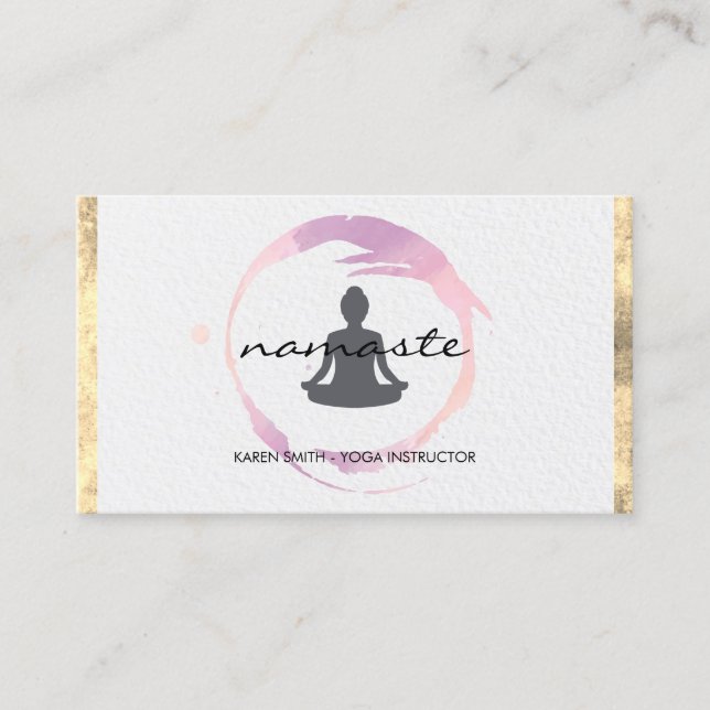 Tarjeta De Visita Namaste Yoga Lotus Position Gold Trim Grunge (Anverso)
