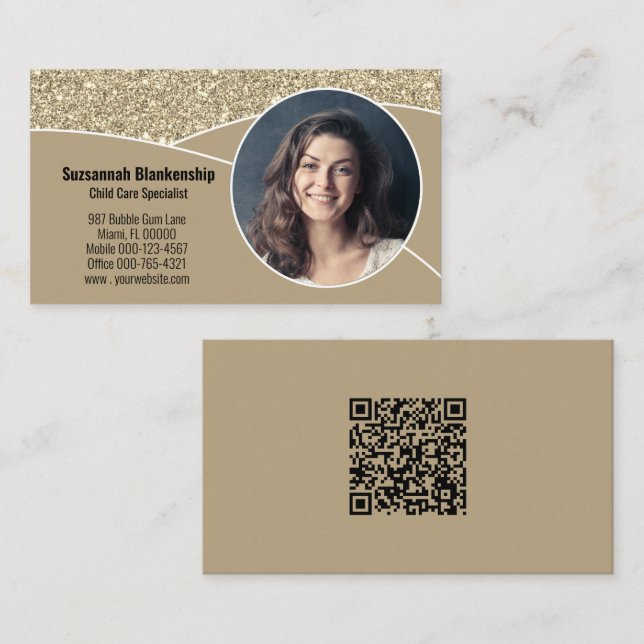 Tarjeta De Visita Nanny Personalizado Foto Faux Gold Purpurina QR Co (Anverso / Reverso)