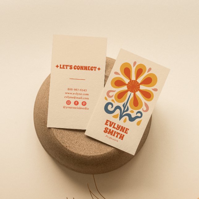 Tarjeta De Visita Naranja amarillo retro Groovy Boho Moda moda flora (Subido por el creador)