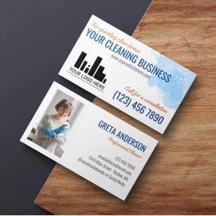 Tarjeta De Visita Naranja azul acuarela Servicio de limpieza de logo