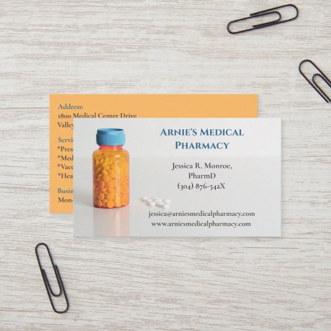 Tarjeta De Visita Naranja azul Frasco Píldoras Farmacéuticas (Anverso/Reverso In Situ)