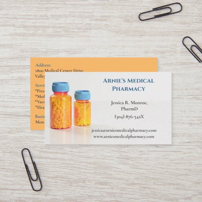 Tarjeta De Visita Naranja azul Frascos Píldoras Farmacéuticas (Anverso/Reverso In Situ)