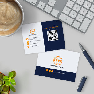 Tarjeta De Visita Naranja azul profesional añada su código QR de log