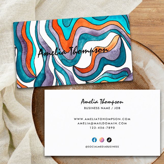 Tarjeta De Visita Naranja azul Resumen Líneas onduladas Boho Groovy  (Front and Back)